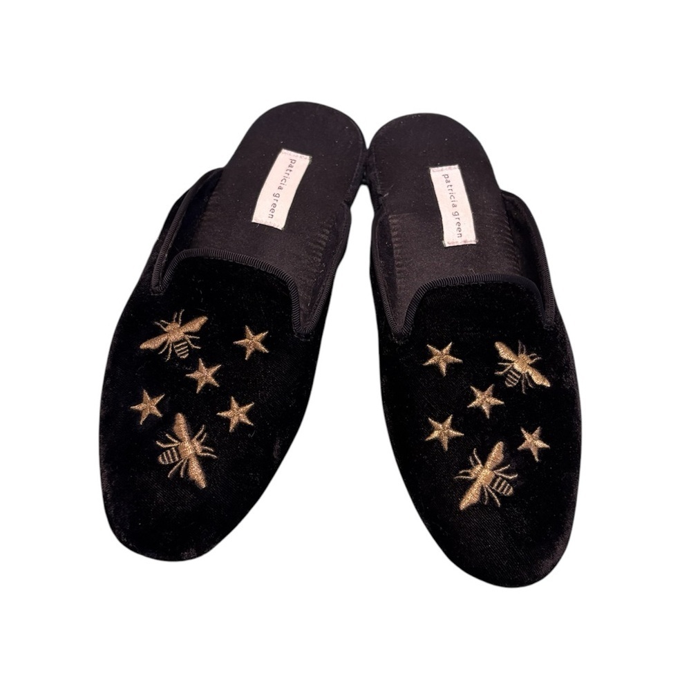 Patricia Green Beatrice Black Velvet Embroidered Bee And Star Slippers Size 7